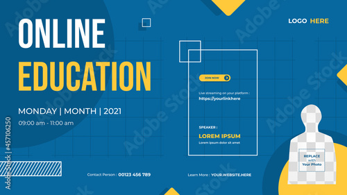 Website banner template for Online Education, Online Class Programs, Courses and other E-Learning with yellow and blue background