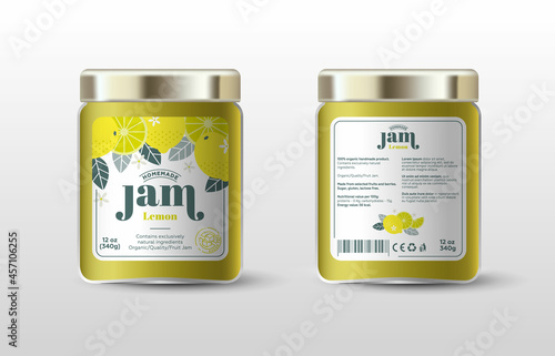 Lemon jam. Label for jar and packaging. Whole and cut fruits, leaves and flowers, text, sugar free icon.