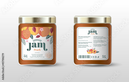 Peach jam. Label for jar and packaging. Whole and cut fruits, peach seeds, leaves and flowers, text, sugar free icon.