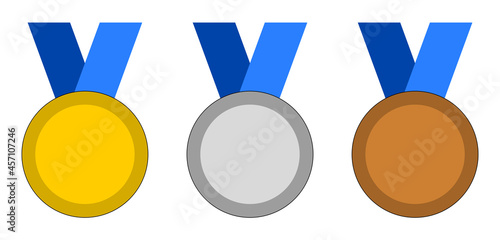 Medal Icon Set including Top Three 1st Gold 2nd Silver 3rd Bronze Winner Badge Awards with Blue Ribbon. Vector Image.	
