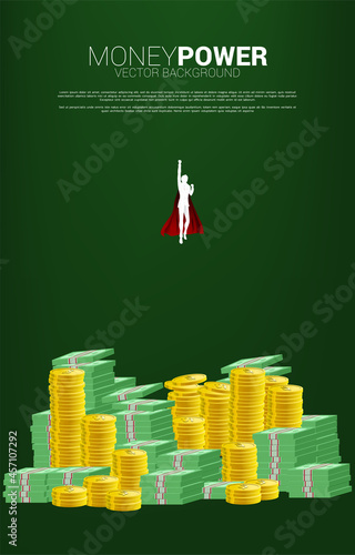 Silhouette of businessman flying from coin and banknote stack. Concept of boost and growth in business.