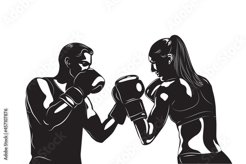 Silhouette man and woman athletes strike each other with punches in special gloves Boxing. Vector illustration.