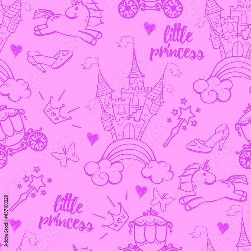 Princess Seamless Pattern for textile  with castle, crown, butterfly, stars, diamond. Abstract seamless pattern for girls.