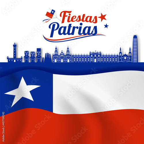  Happy Independence day, Chile landmarks silhouette. Vector