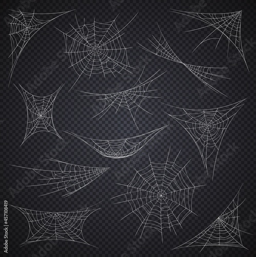 Isolated spider web and cobweb, Halloween holiday decorations on vector transparent background. Cartoon spiderwebs or sticky nets on corners, Halloween horror night party spooky decor