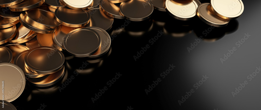 Fototapeta premium Golden Coins Isolated On The Black Background. Empty Space For Logo Or Text - 3D Illustration