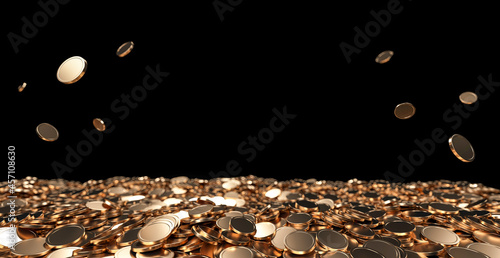 Golden Coins Isolated On The Black Background. Empty Space For Logo Or Text - 3D Illustration 
