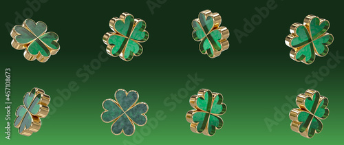 Glass Green And Golden Four Leaf Shamrock Clovers, Symbol Of Luck, Isolated On The Green Background - 3D Illustration photo