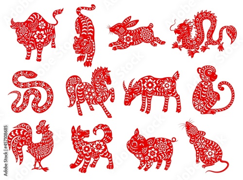 Chinese zodiac horoscope animals. Red papercut characters of lunar calendar twelve sequences vector symbols. Rat, ox, and tiger, rabbit, dragon and snake, horse, goat and monkey, rooster, dog and pig