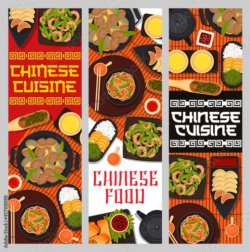 Chinese cuisine meals, restaurant dishes posters. Spring rolls with soy sauce, stir fried shrimps and beans, orange ginger rice, tea and dumplings, clams, seaweed salad and seafood noodles vector