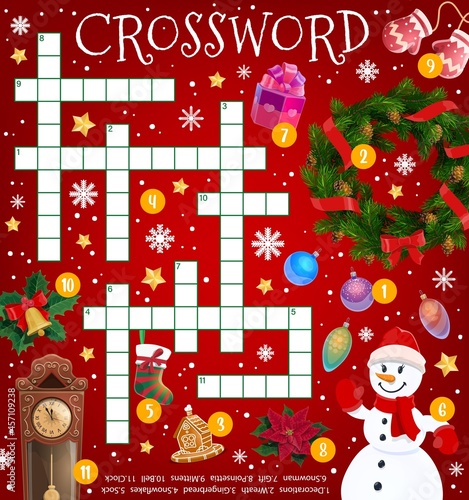 Christmas crossword puzzle game grid, cartoon holiday items and decorations, vector. Find word quiz for kids worksheet riddle with Santa gifts on Christmas tree, winter snow and snowman in mittens