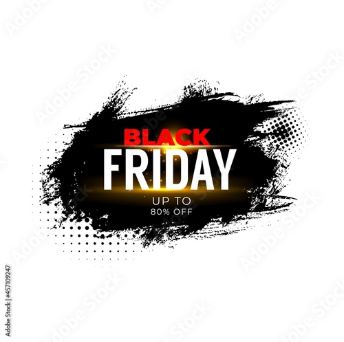 Black Friday sale banner for weekend shop offer and discount promo. Black Friday sale vector label or price cut off tag  special discount and shopping deal banner with halftone and paint background