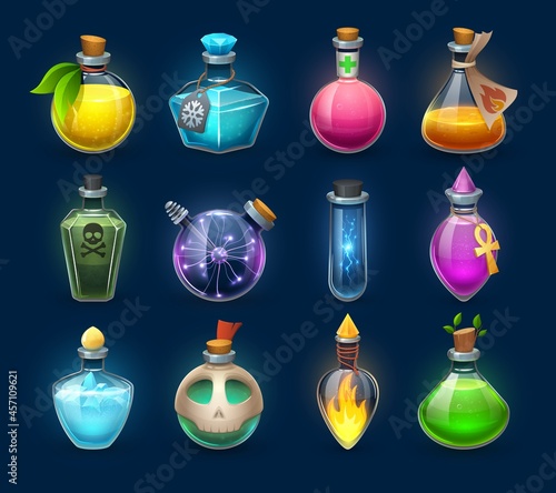 Halloween witchcraft, potion and poison cartoon bottles, phials and flasks, vector. Magic potion and witch elixir in crystal glass jars with love potion, energy power spell, magic fire and death skull