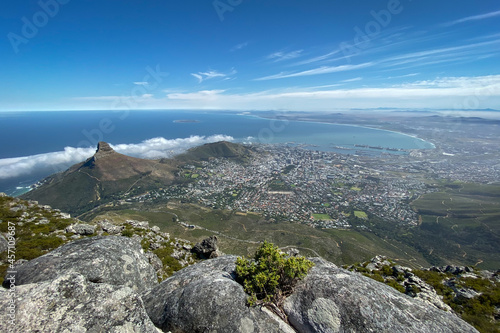 Panoramic view of Cape Town with Lions Head from top of Table Mountain.