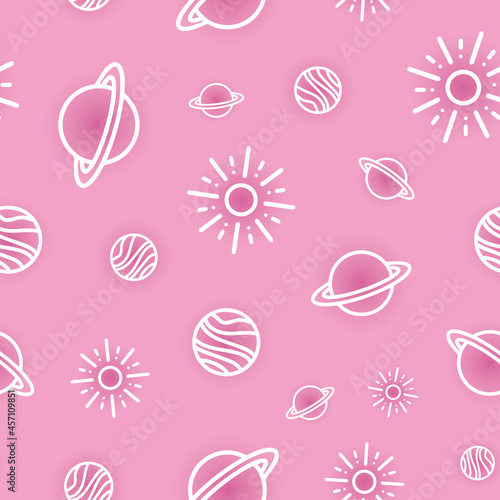 Pink gradient planet repeat pattern print background design. Seamless vector illustration. Great for kids and fun projects. Surface pattern design.