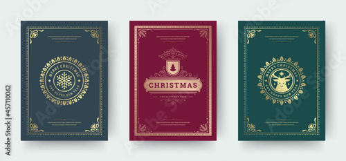 Christmas greeting cards set with vintage typographic design ornate decoration