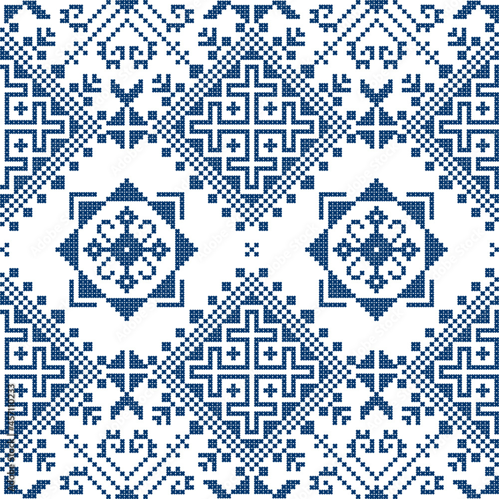 Zmijanjski vez traditional navy blue cross-stitch vector seamless pattern - inspired by the old folk art designs from Bosnia and Herzegovina
Zmijanjski vez traditional navy blue cross-stitch vector seamless pattern - inspired by the old folk art designs from Bosnia and Herzegovina