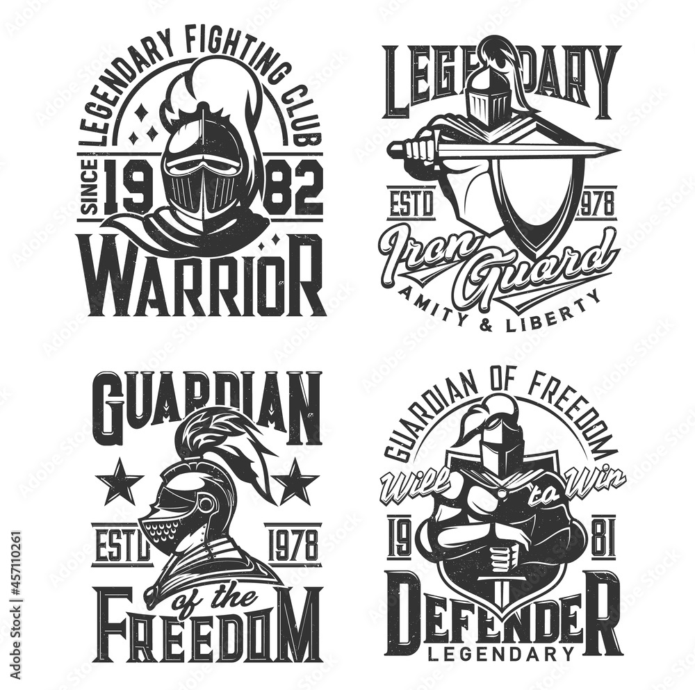 Fototapeta premium Knight warrior in armor t-shirt vintage print. Fighting club, guard protection or freedom defender clothing grunge print template. Medieval knight in helmet with feather plume, armed sword and shield