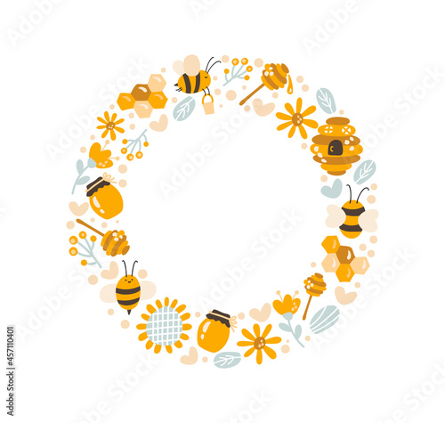 Cute kids honey wreath with sunflower, honey spoon and bee in flat frame vector scandinavian style. Baby illustation frame with place for text for content, greeting card, graphic