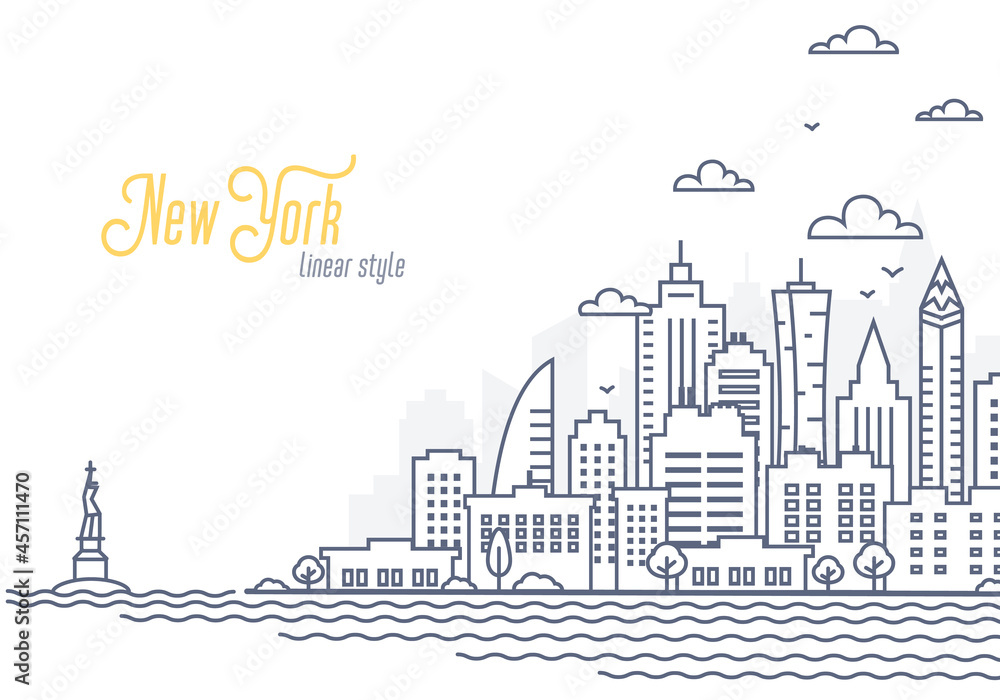 New York City landscape template. Thin line Cityscape, Manhattan or downtown with high skyscrapers. Outline style vector illustration on white background.