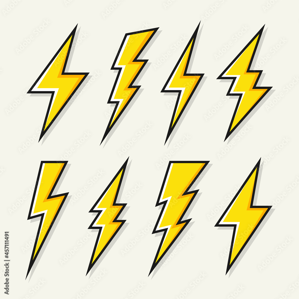 Yellow lightning bolt icons collection. Flash symbol, thunderbolt. Simple  lightning strike sign. Vector illustration. Stock Vector