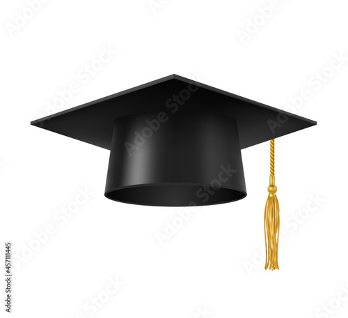 Graduate cap with tassel. Isolated university, college or academy student square hat with golden tassel. Academic and high school education degree, professor and knowledge 3d realistic vector symbol