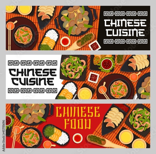 Chinese restaurant meals and dishes banners. Seafood pan fried noodles, Chinese tea and deep fried dumpling, clams, shrimps and orange ginger rice, spring rolls with soy sauce, seaweed salad vector