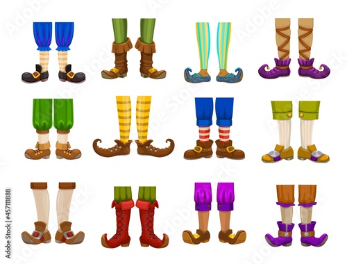 Cartoon legs of gnome, elf, wizard, magician and warlock, wiz and sorcerer. Isolated vector feet and shoes of fairy magic characters with funny striped pants, socks and stockings, boots and tights