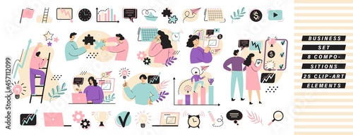 Collection compositions with people in business situations. Vector illustration in flat style. Objects isolated on white background. Use for business web sites, presentations, information posts.