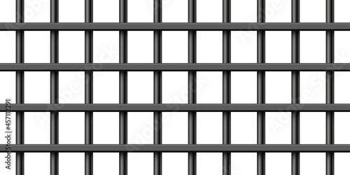 Black realistic metal prison bars isolated on white background. Detailed jail cage, prison iron fence. Criminal background mockup. Creative vector illustration.