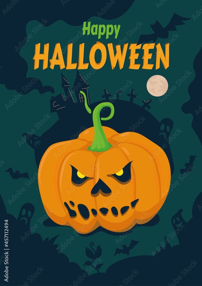 A Halloween poster with a scary illustration in orange and green tones. Creepy design of an a4-sized Halloween greeting card. Ideal for party invitations, events, social networks, banners.