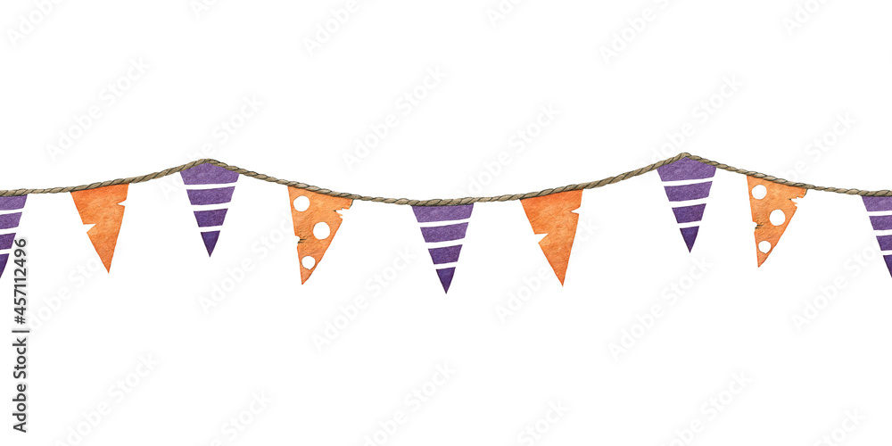 Fototapeta premium Halloween seamless garland. Hanging flags in halloween colors on white background. Hand drawn triangle flags orange, purple element. Party festive decor. Hanging bright seamless garland