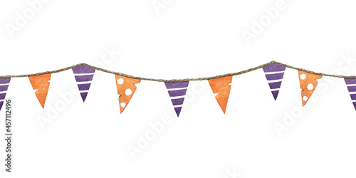 Halloween seamless garland. Hanging flags in halloween colors on white background. Hand drawn triangle flags orange, purple element. Party festive decor. Hanging bright seamless garland