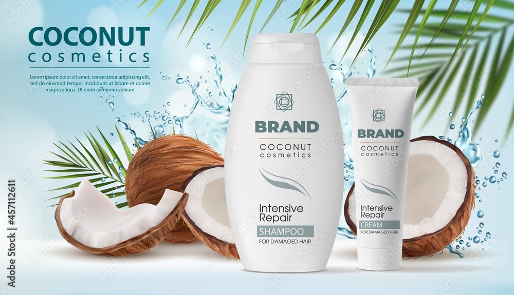 Coconut cosmetics, shampoo and cream packaging in water splash. Vector coconut palm tree fruit, nut shell and green leaves. Realistic 3d bottle and tube of natural products for hair care, ad poster - obrazy, fototapety, plakaty 