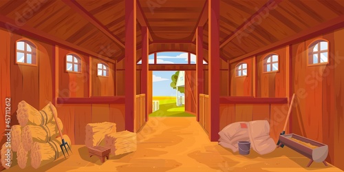 Farm stable or barn interior with sand floor, vector cartoon hayloft haystacks on wooden ranch. Farm house or stable inside on empty background, horse stalls or agriculture barn and farmhouse hut