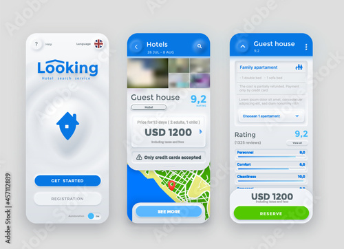 Hotel search, reservation, payment and booking service online app, vector neumorphic interface screen. Mobile phone application UI for travel, hotel search or apartment and rooms booking on smartphone