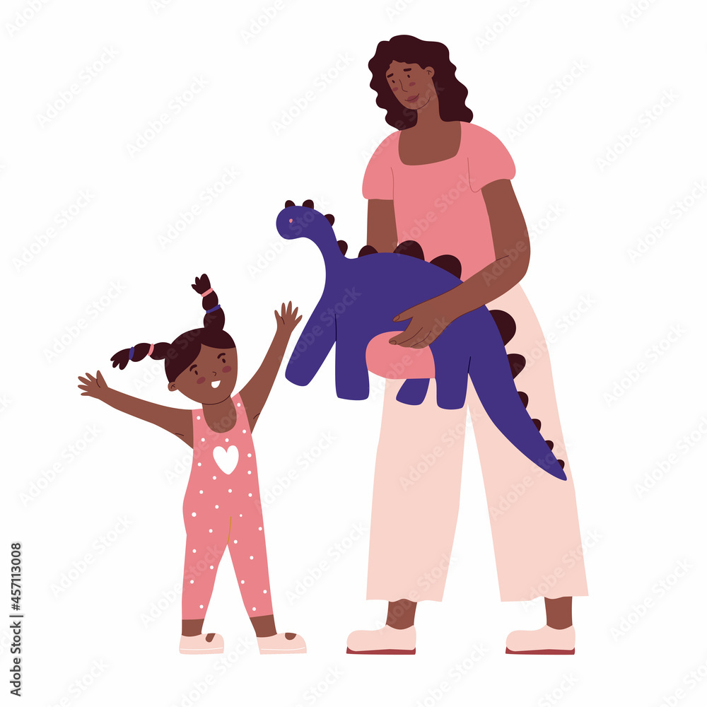 Fototapeta premium Mom gives his daughter a toy dinosaur. Kid happiness. Flat style in vector illustration. Family day, child education, single mother, black skin people. Isolated on white background.