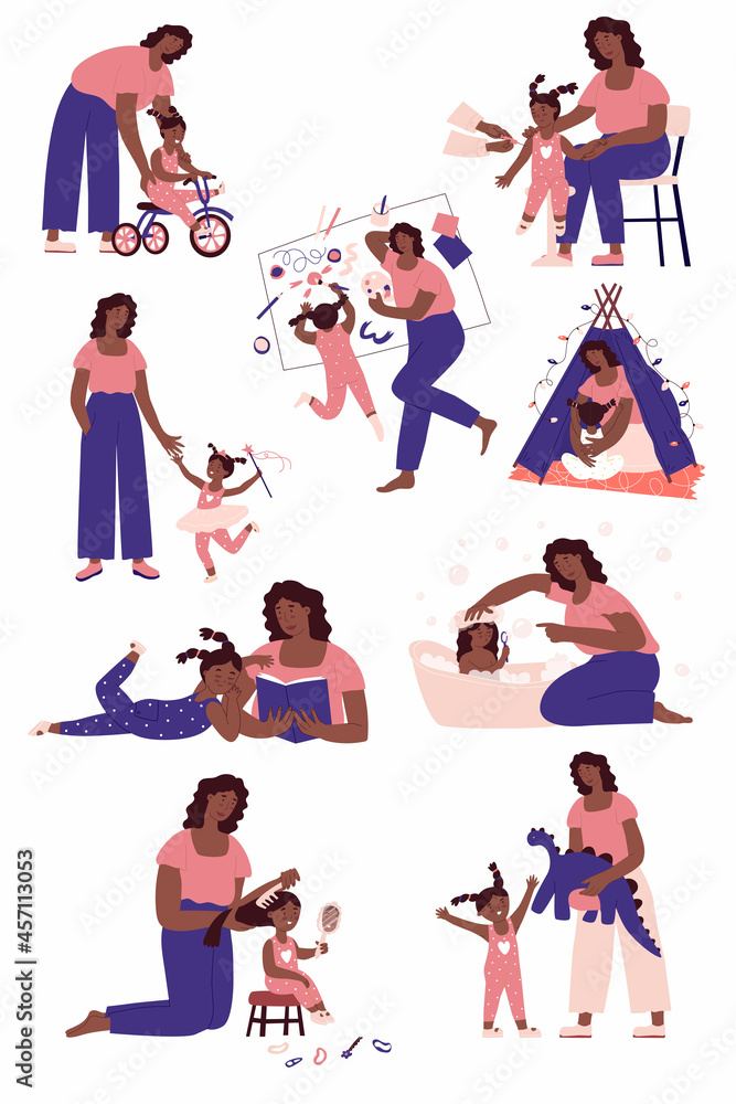 Mom and daughter in different situations. Playing, washing, walking, drawing, educating, reading, combing hairs, vaccinate. Vector illustration. Family day, single mother, black skin. Isolated.