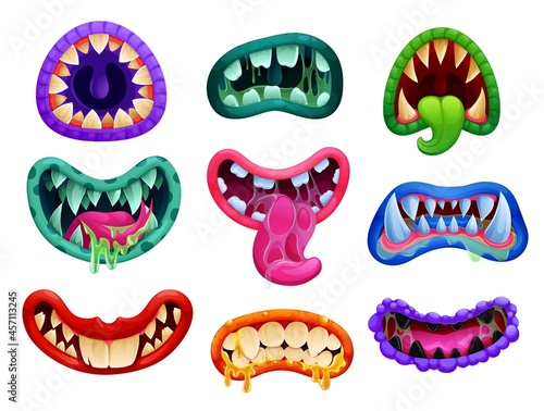 Cartoon Halloween danger monster jaws and mouth with teeth and tongues, vector mask icons. Halloween horror night beast werewolf and vampire monster jaws with scary sharp fangs and saliva tongues