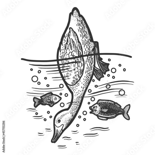 duck dives under water sketch engraving vector illustration. T-shirt apparel print design. Scratch board imitation. Black and white hand drawn image.