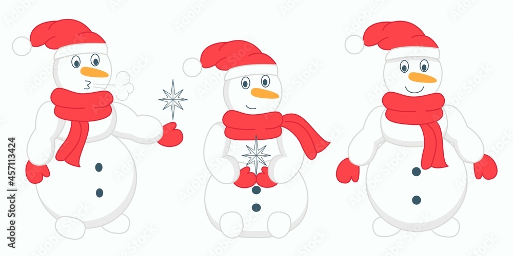 Snowmen set. Fictional winter snow character, child's play. Collection of seasonal little men in scarf, hat and mittens with snowflakes, flat vector illustration.