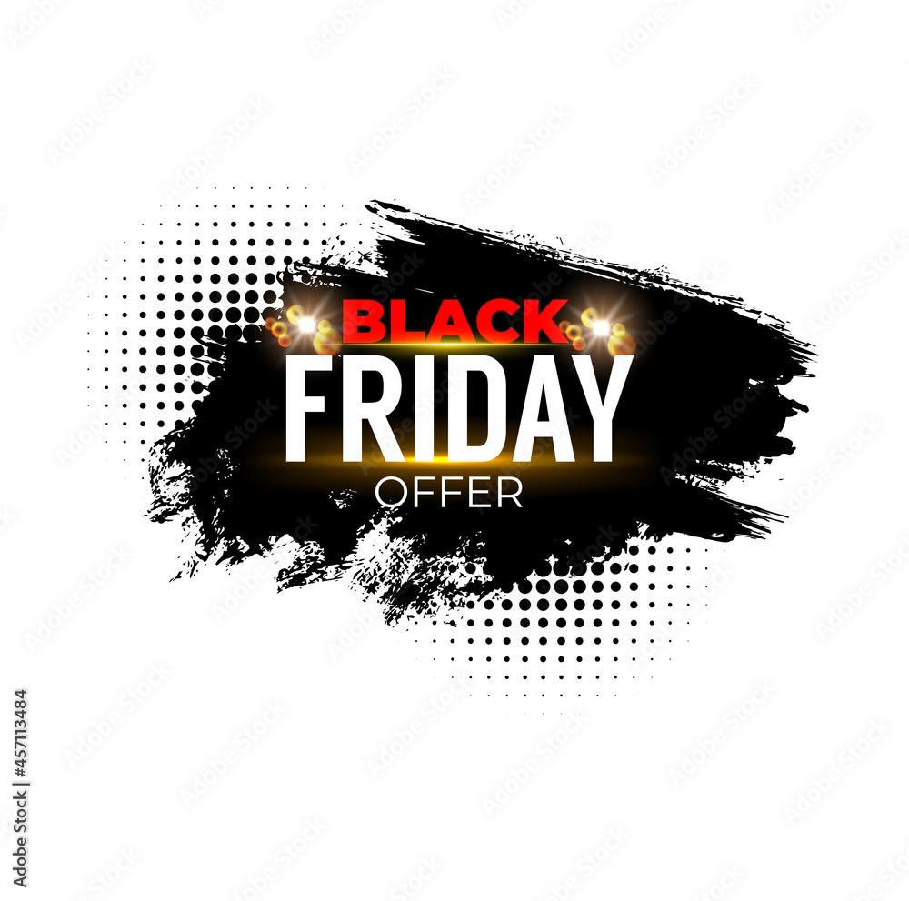 Black friday sale banner. Weekend shop offer and promo label, shopping seasonal discounts advertising grunge vector banner with black paint or ink stroke, spray stain and halftone effect
