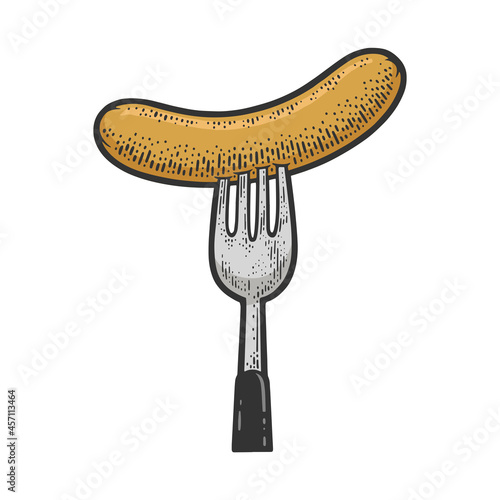 sausage on a fork color sketch engraving vector illustration. T-shirt apparel print design. Scratch board imitation. Black and white hand drawn image.