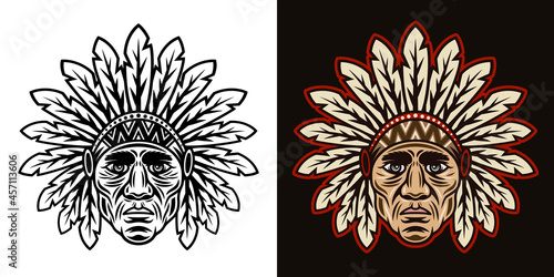 Chief head native american in traditional indian headdress with feathers vector illustration in two styles black on white and colorful on dark background