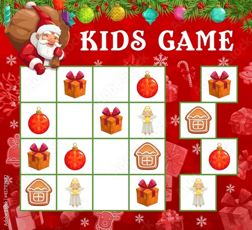 Christmas sudoku or maze game with vector Santa and Xmas gifts. Kids education mind game, logic puzzle or riddle with Santa Claus cartoon character, Christmas tree balls, gift boxes, angels and cookie