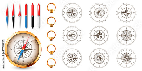 Realistic golden vintage compass with marine wind rose and cardinal directions of North, East, South, West. Shiny metal navigational compass. Cartography and navigation. Vector illustration.