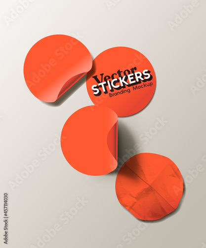 A set of blank red round adhesive paper stickers in various states. Isolated label collection vector illustration.