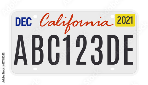 California license vector plate sign. American metal road California license plate symbol template photo