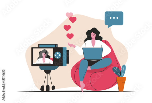 Blogging concept isolated. Video content creation, online promotion, blogger work. People scene in flat cartoon design. Vector illustration for blogging, website, mobile app, promotional materials.