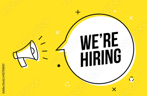 Vector hire job banner hand holding megaphone design. Hiring background business announce template